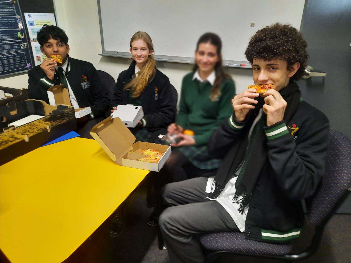 Pizza lunch Adwait Gretchen friend Ethan